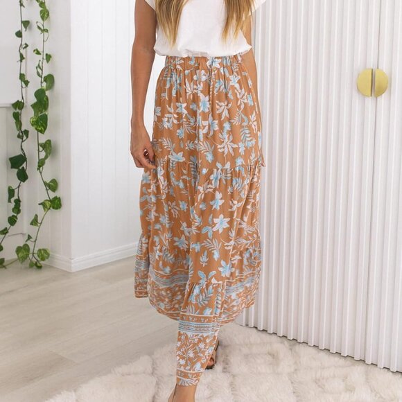 Women's 2025 Summer Bohemian Floral Printed Elastic Waist A Line Maxi Skirt with - Picture 2 of 6